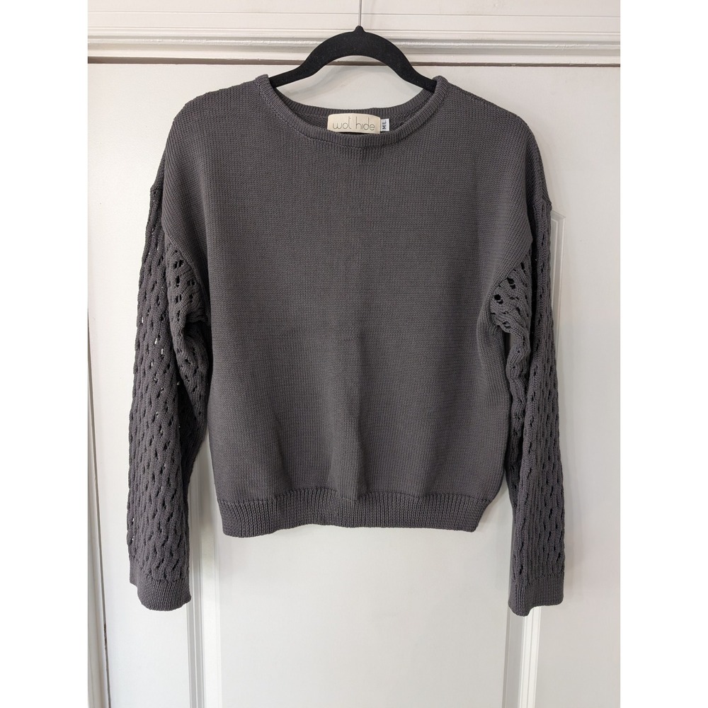Wol Hide Grey 100% Pima Cotton‎ Pointelle Sleeve Crewneck Sweater minimalist M/L